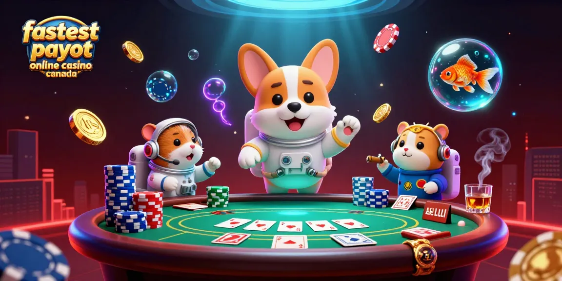 Experience the fastest payout online casino Canada with 3D corgi astronauts in a vibrant casino scene filled with poker action.