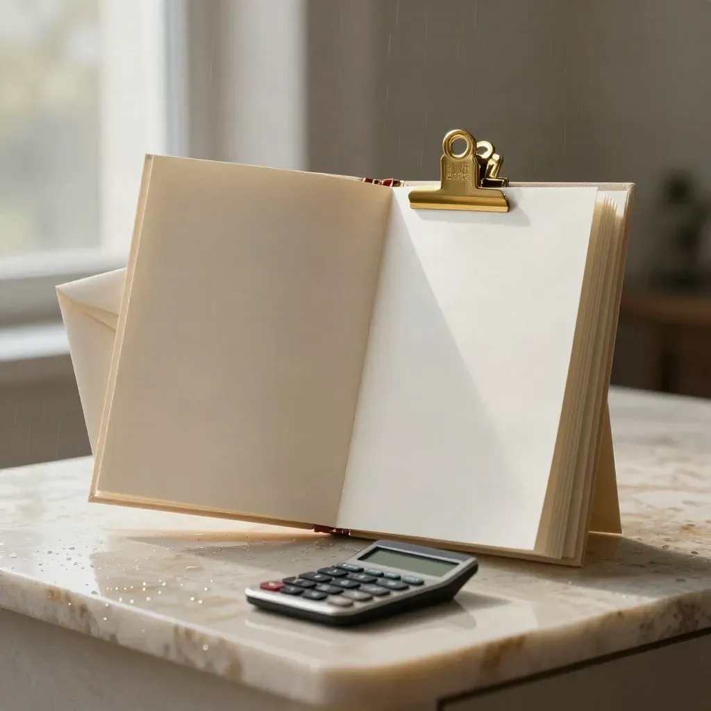 Ivory mortgage rate folio, blank cards, calculator, brass clip and envelope on wet stone at dawn.