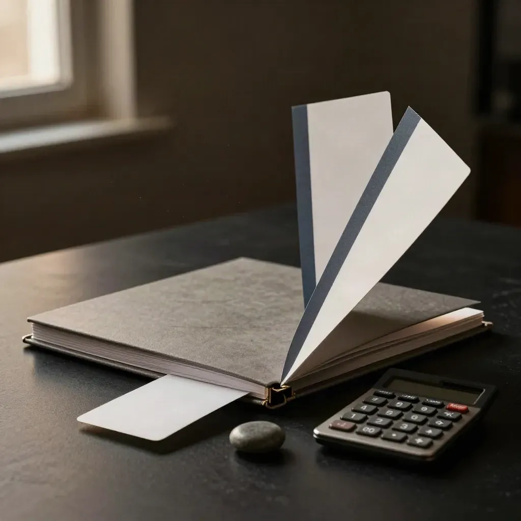 Charcoal refinance kit with calculator and rate cards on stone, lit dramatically in a dark studio.