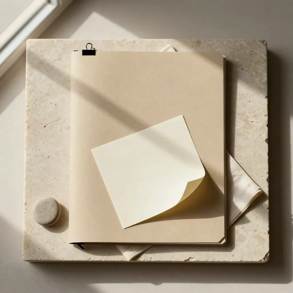 Overhead beige rate guide, clip, pebble, note card and tea cloth on pale stone.