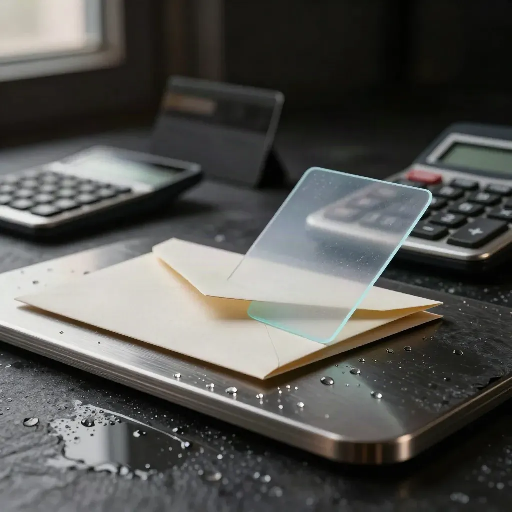 Brushed metal refinance savings set on wet slate with slips, calculator, and envelope in dramatic studio light.