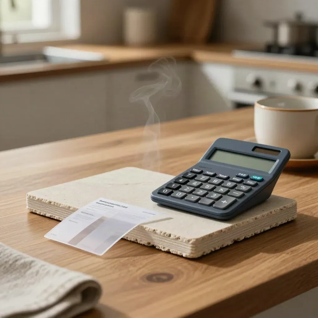 Pale stone loan review cards, comparison slips, calculator and cup ring on a warm kitchen counter.