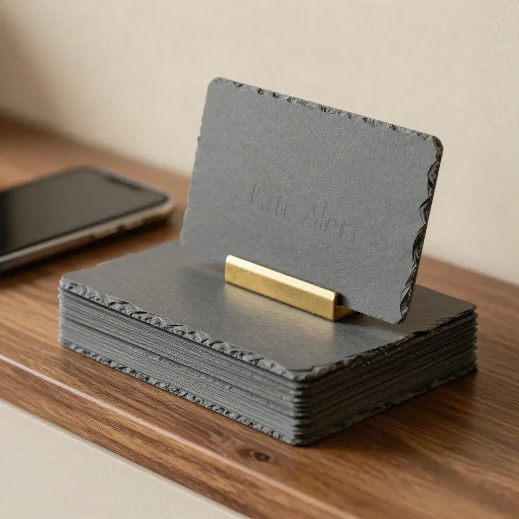 Macro of folded rate alert cards, a blank-screen phone, and brass stand on warm walnut.