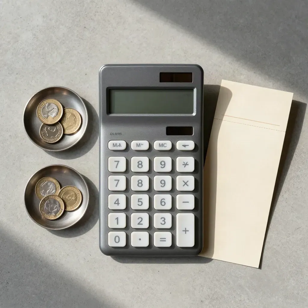 Overhead flatlay of calculator, blank cards, coin dish and folded receipt sleeve on pale concrete.