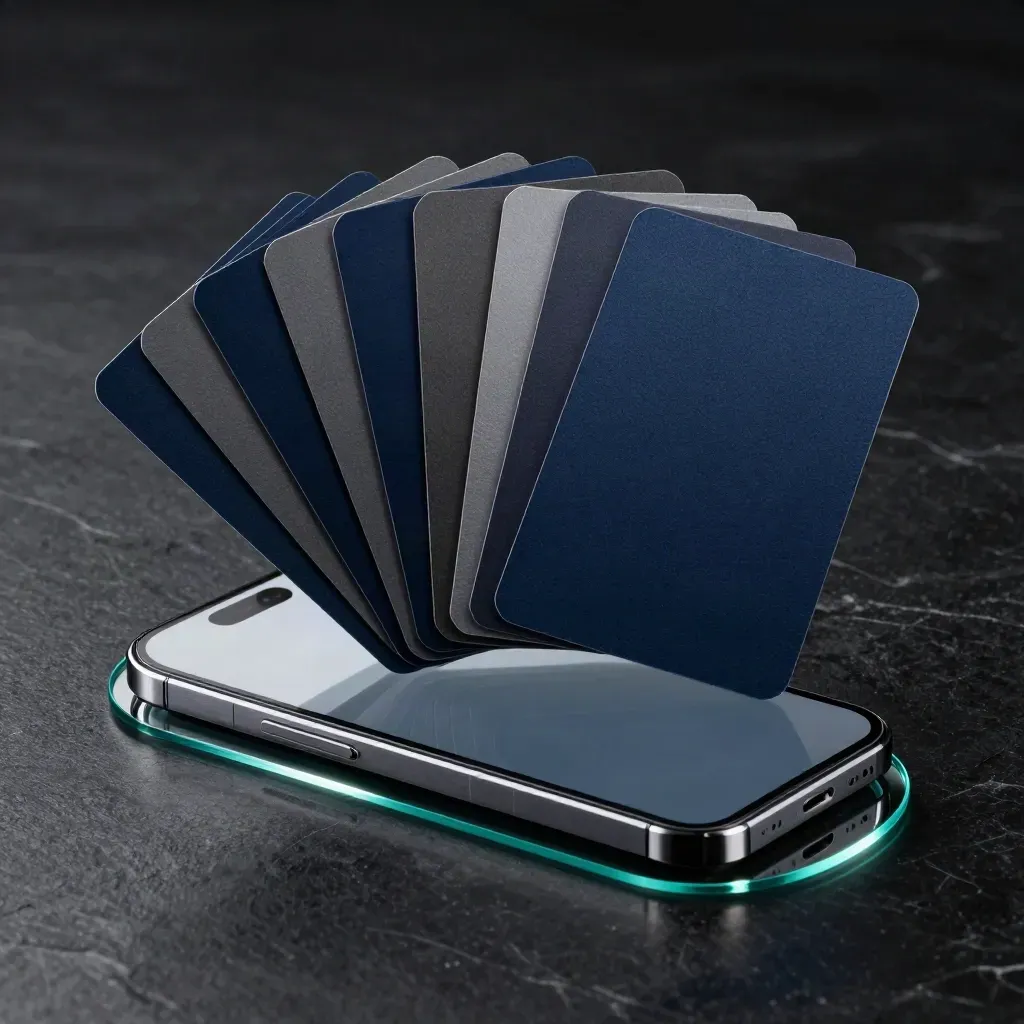 Dramatic finance bundle with blank phone, layered cards, and glass ring on matte black