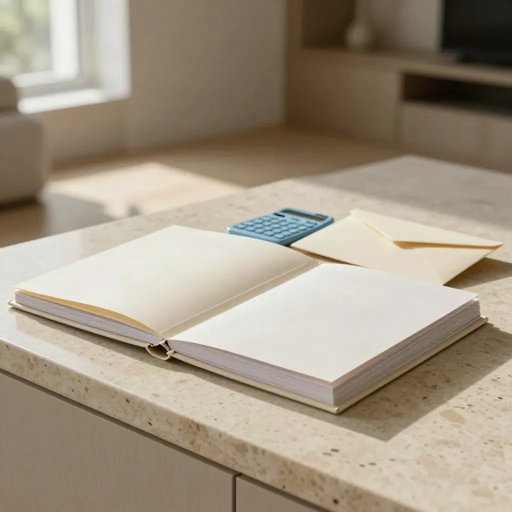 First-home rate kit with binder, calculator, and envelope on travertine in soft studio light