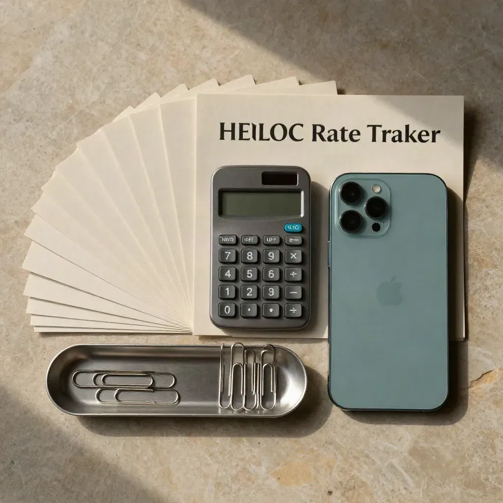 Flatlay of rate tracker tabs, calculator, paperclip tray and phone on stone with teal accent.