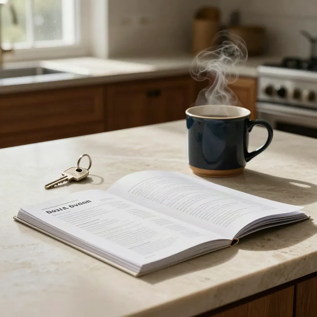 Stone refi folio, steaming mug, house keys, and comparison slips on a kitchen island.