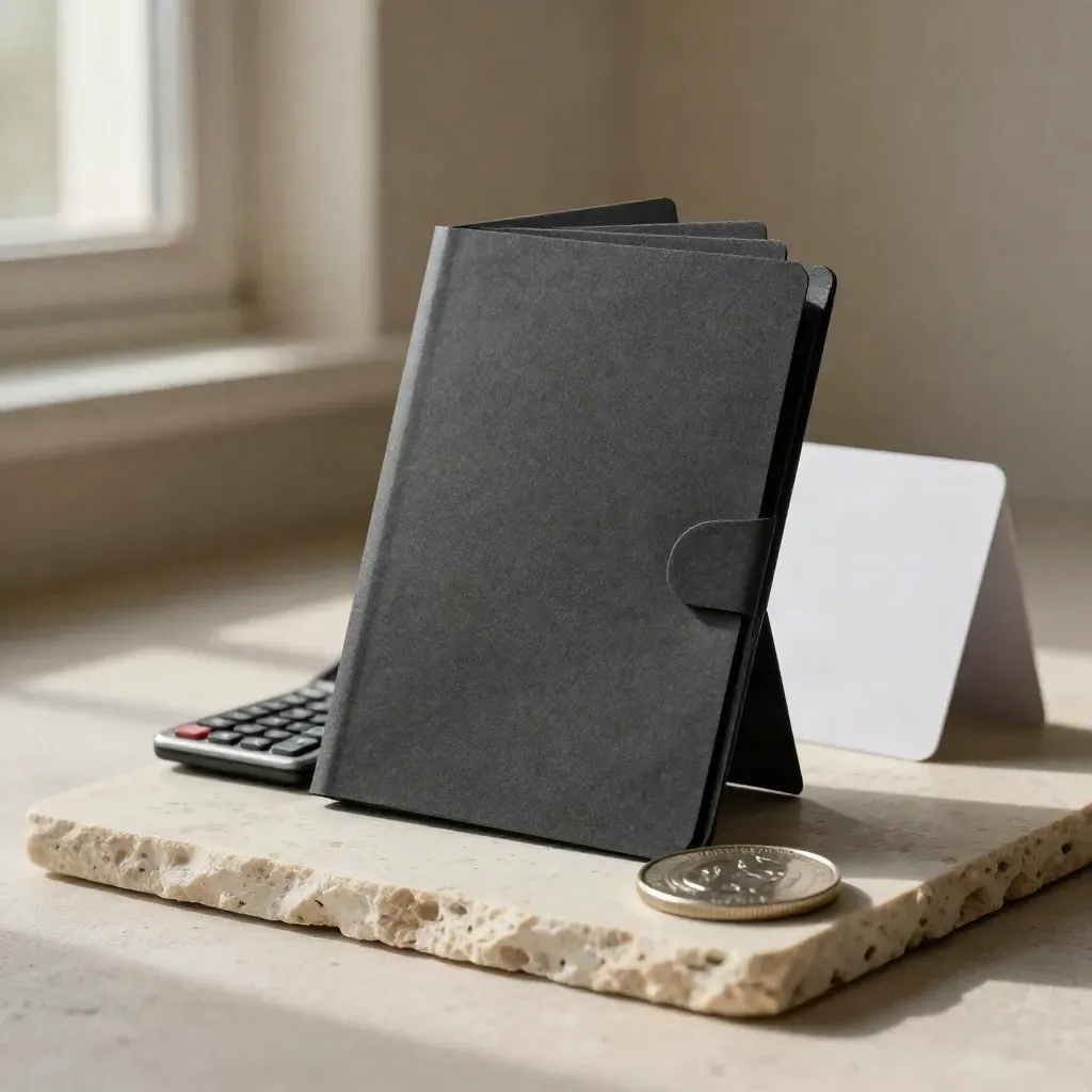 Charcoal folder, blank slips, calculator and coin dish on limestone in a soft studio product hero.
