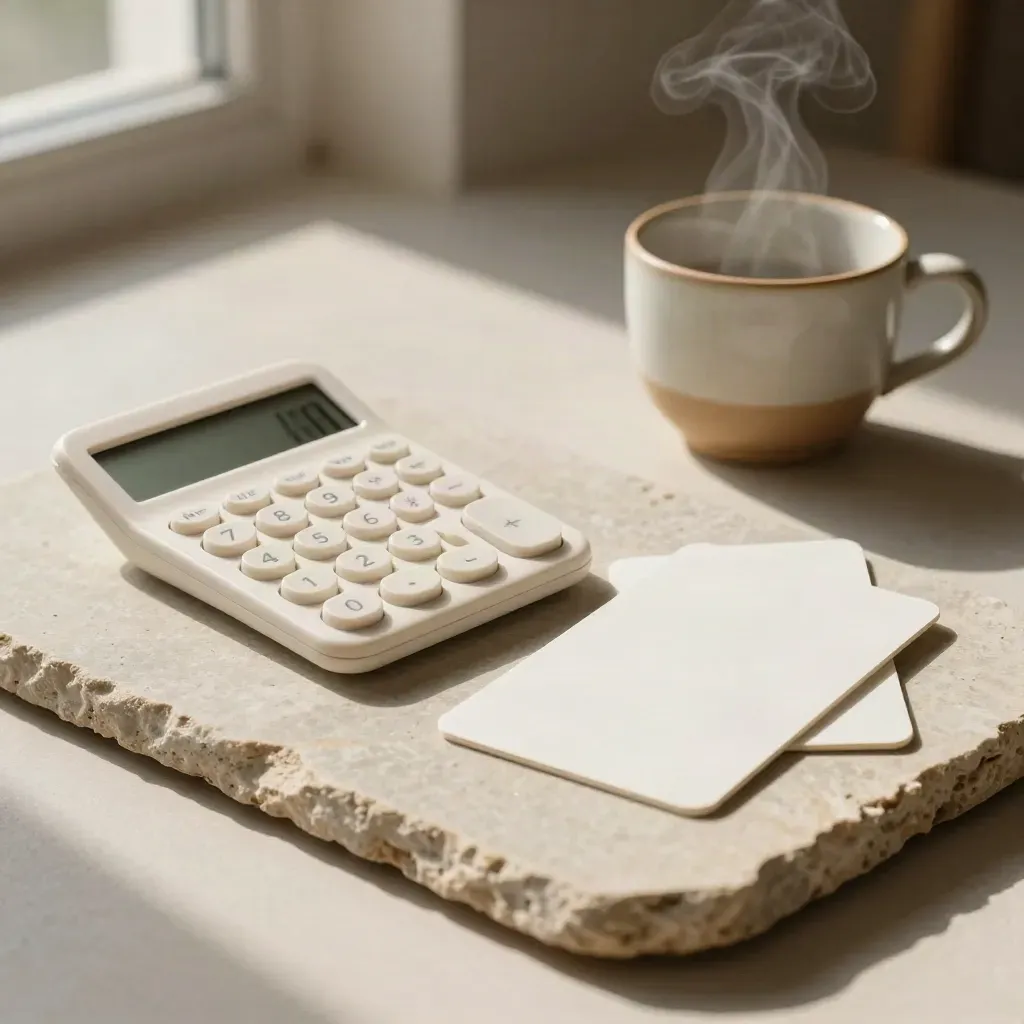 Pale calculator block, blank cards, and a steaming ceramic cup on warm stone.