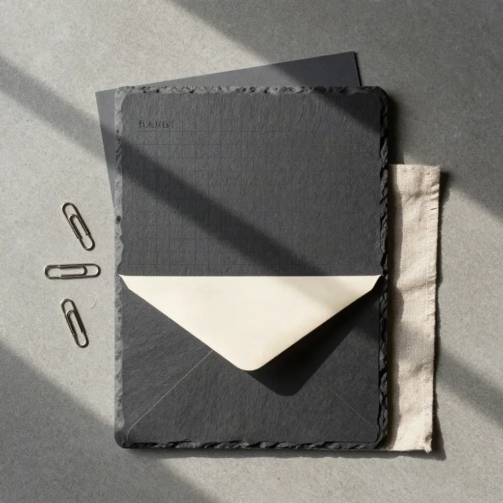 Overhead flatlay of a slate folder, folded envelope, paperclips and linen strip on concrete.
