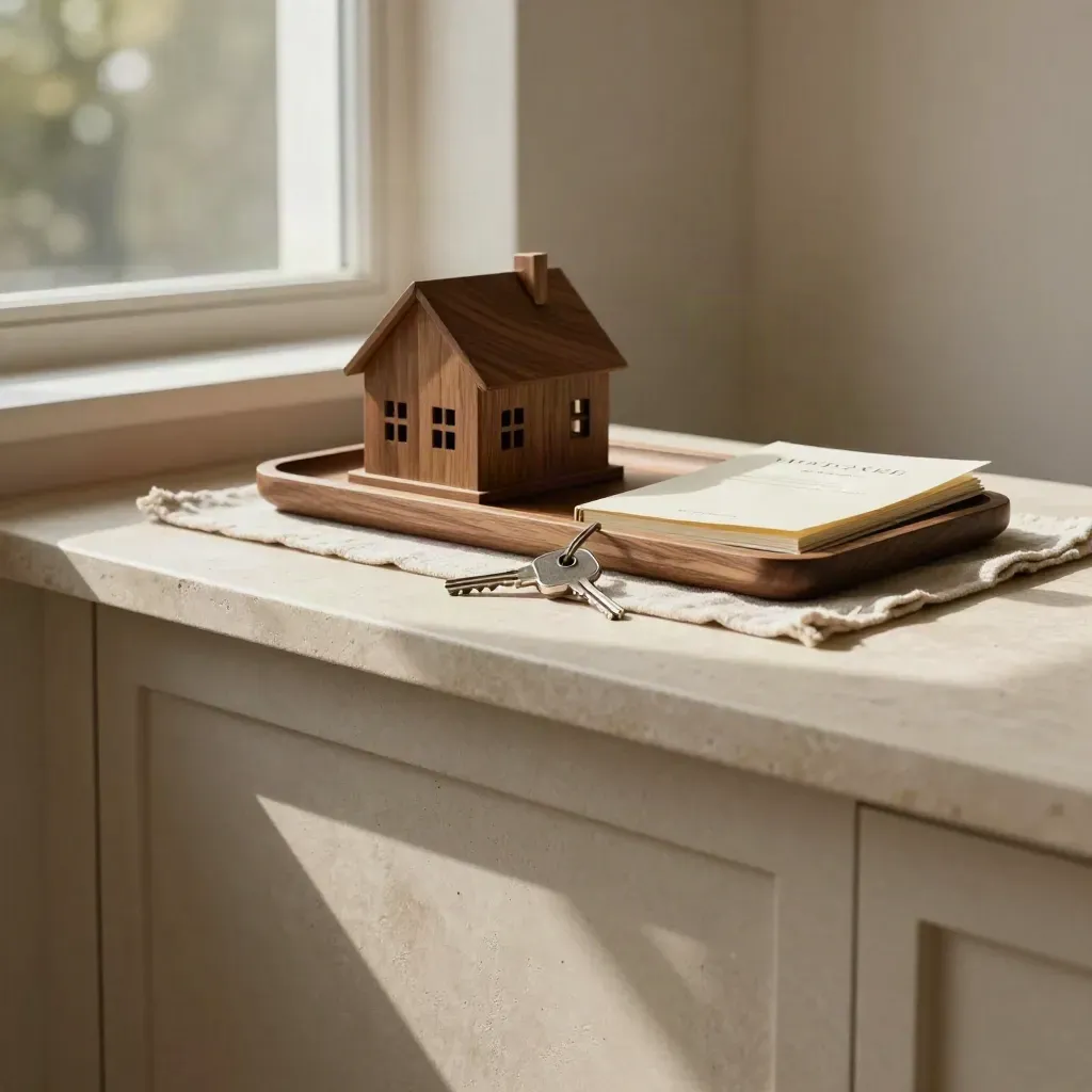 Sunlit oak nook with stone counter, house model, key, and mortgage booklet in warm neutral light.