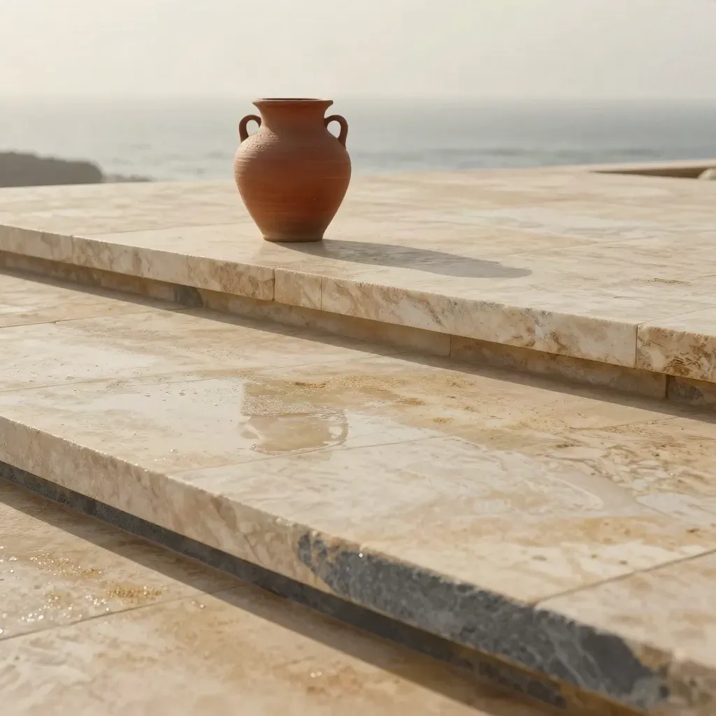 Limestone terrace with clay vessel and misty horizon, soft daylight, open copy space below.