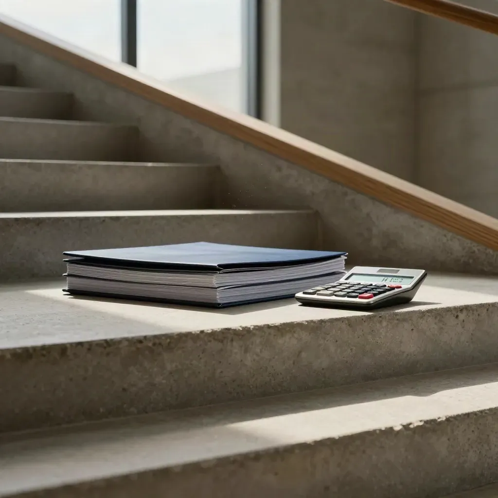Concrete stair hall with folders, calculator and glass dial in sunlit architectural space
