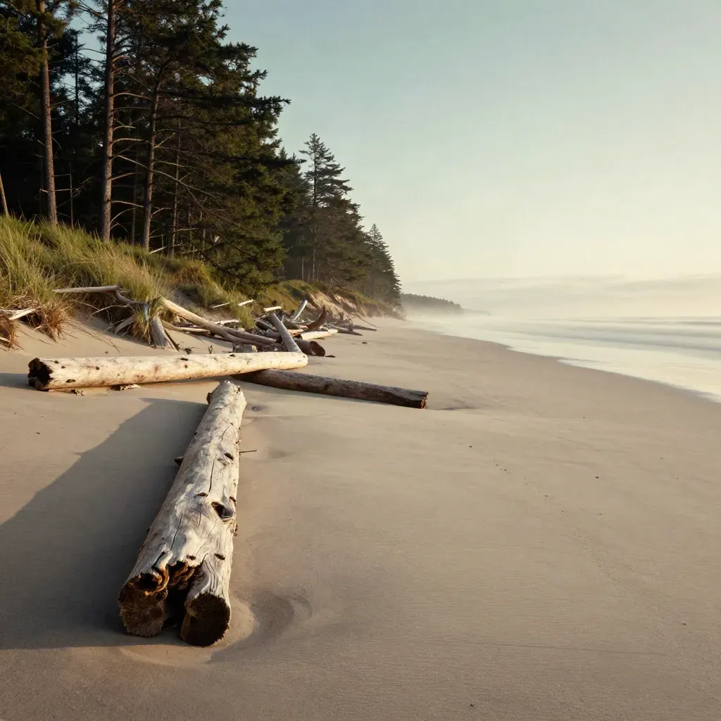 Cedar shoreline overlook with driftwood, sand, and calm teal water under a bright horizon.