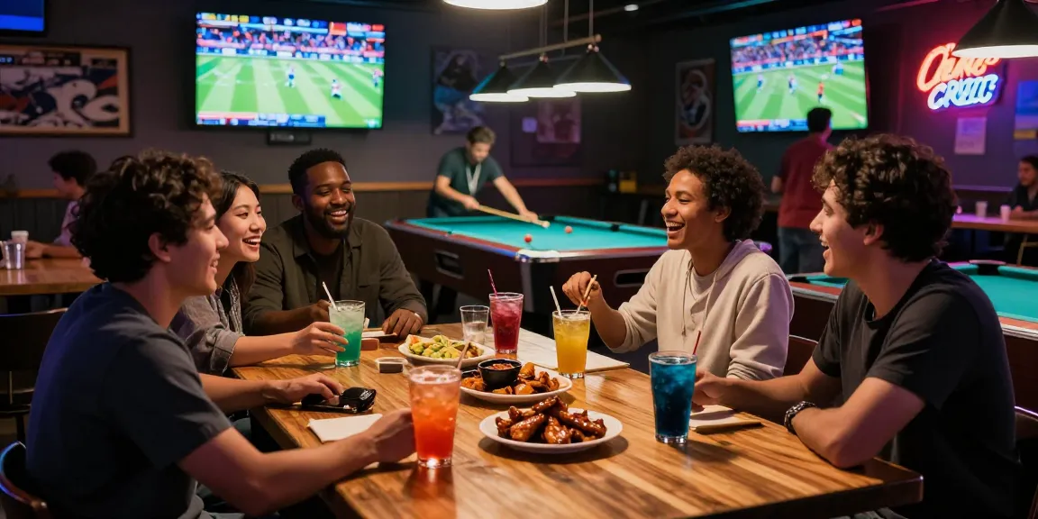 Exciting atmosphere at the Crooked Cue, a sports bar Mississauga loves, showcasing friends enjoying live sports and vibrant decor.