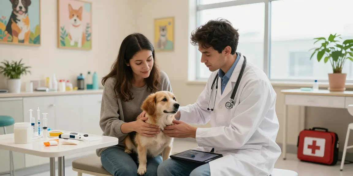 Examining dog in warm veterinary clinic, essential veterinary medical supplies Canada present.