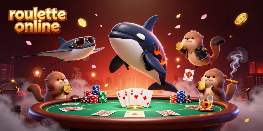 Experience excitement with roullete online in a dynamic cartoon scene featuring an orca, stingray, and sea otters.