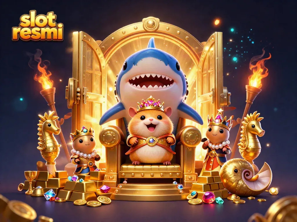 Experience the excitement of slot resmi with a golden hamster king and treasures in an illustrated casino realm.