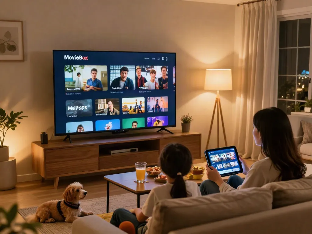 Family enjoying movie box app download on a big screen, cozy living room ambiance with snacks.