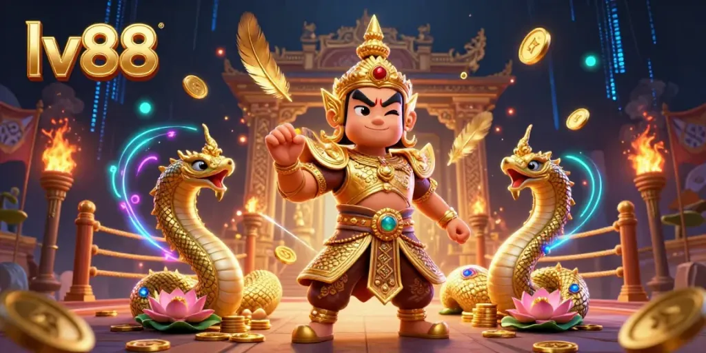 Engage with lv88's vibrant casino scene featuring impressive Thai guardian, Naga companions, and golden treasure.