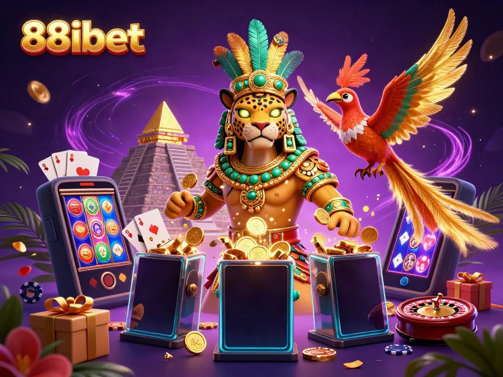 Experience thrilling gameplay with 88ibet as iconic Mayan characters surround vibrant casino elements.