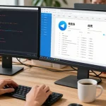 Adjusting Telegram Chinese language settings in a modern tech workspace with dual monitors.