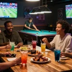 Exciting atmosphere at the Crooked Cue, a sports bar Mississauga loves, showcasing friends enjoying live sports and vibrant decor.