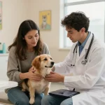 Examining dog in warm veterinary clinic, essential veterinary medical supplies Canada present.